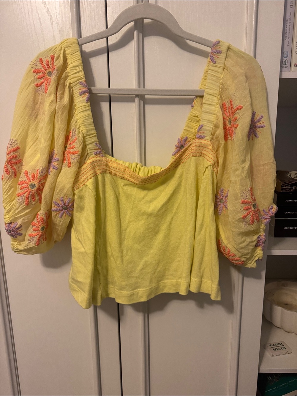 Urban Outfitters Yellow Embroidered Puff-Sleeve Blouse